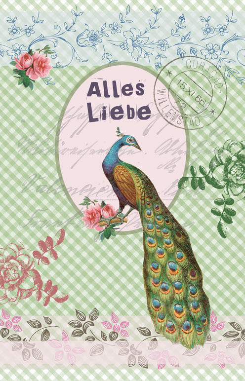 Nostalgie-Glückwunschkarte mit buntem Pfau, Blumen und "Alles Liebe" im Vintage-Stil