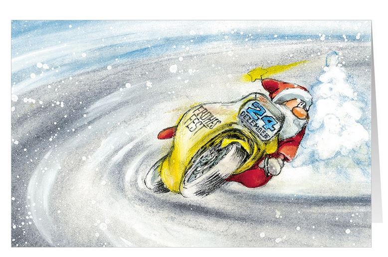 Spritzige Weihnachtskarte mit dem Weihnachtsmann auf seinem schnellen Motorrad und Gruß "Frohes Fest"