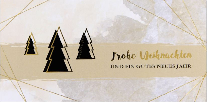 Günstige Weihnachtskarte mit Weihnachtsbäumen, Weihnachtsgruß und grauer Marmorierung, DIN lang