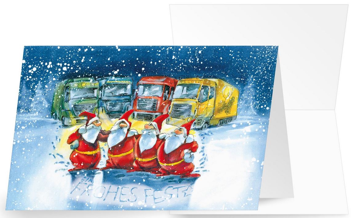 Winterliche Branchen-Weihnachtskarte für Spedition und Transportunternehmen mit Gruß "Frohes Fest"