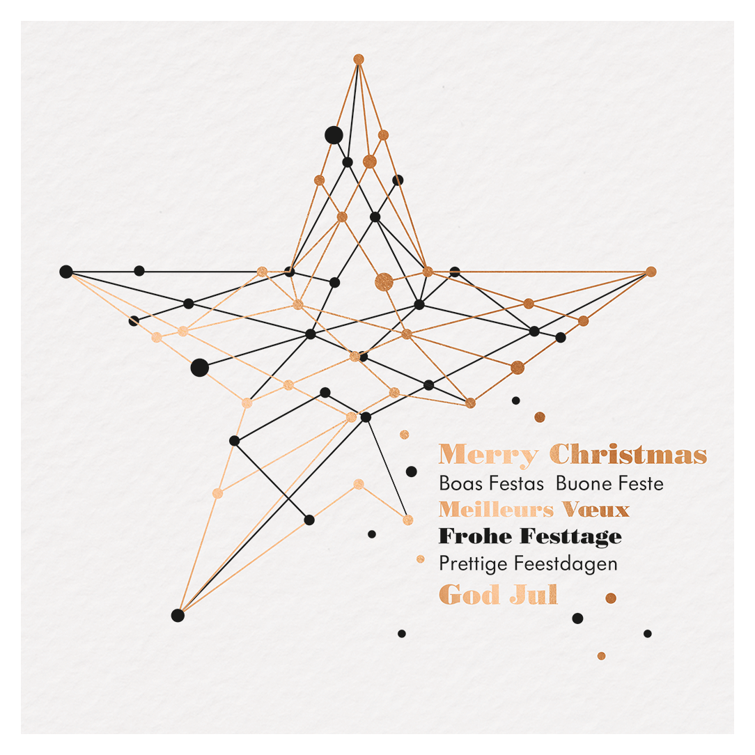 Moderne Weihnachtskarte mit internationalen Grüßen und Stern im modernen Stil