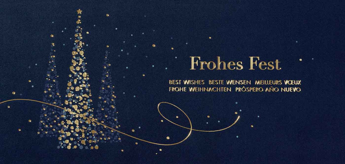 Dunkelblaue Weihnachtskarte mit internationalen Weihnachtsgrüßen in Goldfolienprägung