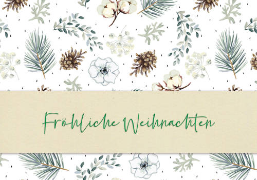 Weihnachtskarte in weiß mit Banderolenstreifen und Gruß "Fröhliche Weihnachten".