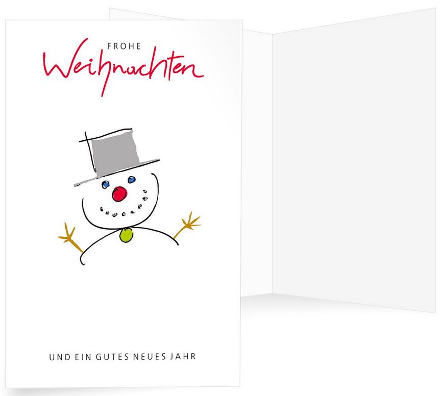 Lustige Winter-Weihnachtskarte mit Strichzeichnung von einem Schneemann und Weihnachtsgruß