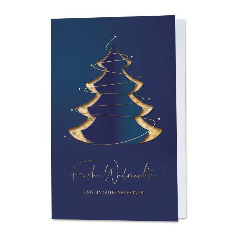 Blaue Weihnachtskarte mit Weihnachtsbaum, goldenen Sternchen und weihnachtlichen Grüßen