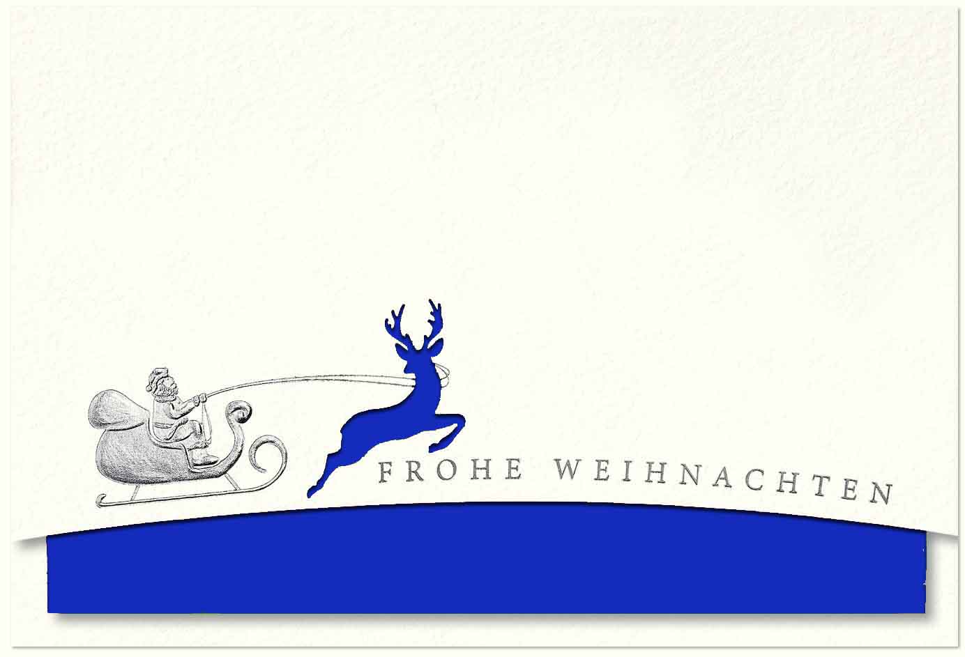 Naturweiße Weihnachtskarte mit springendem Hirsch, Stanzung und blauem Einleger