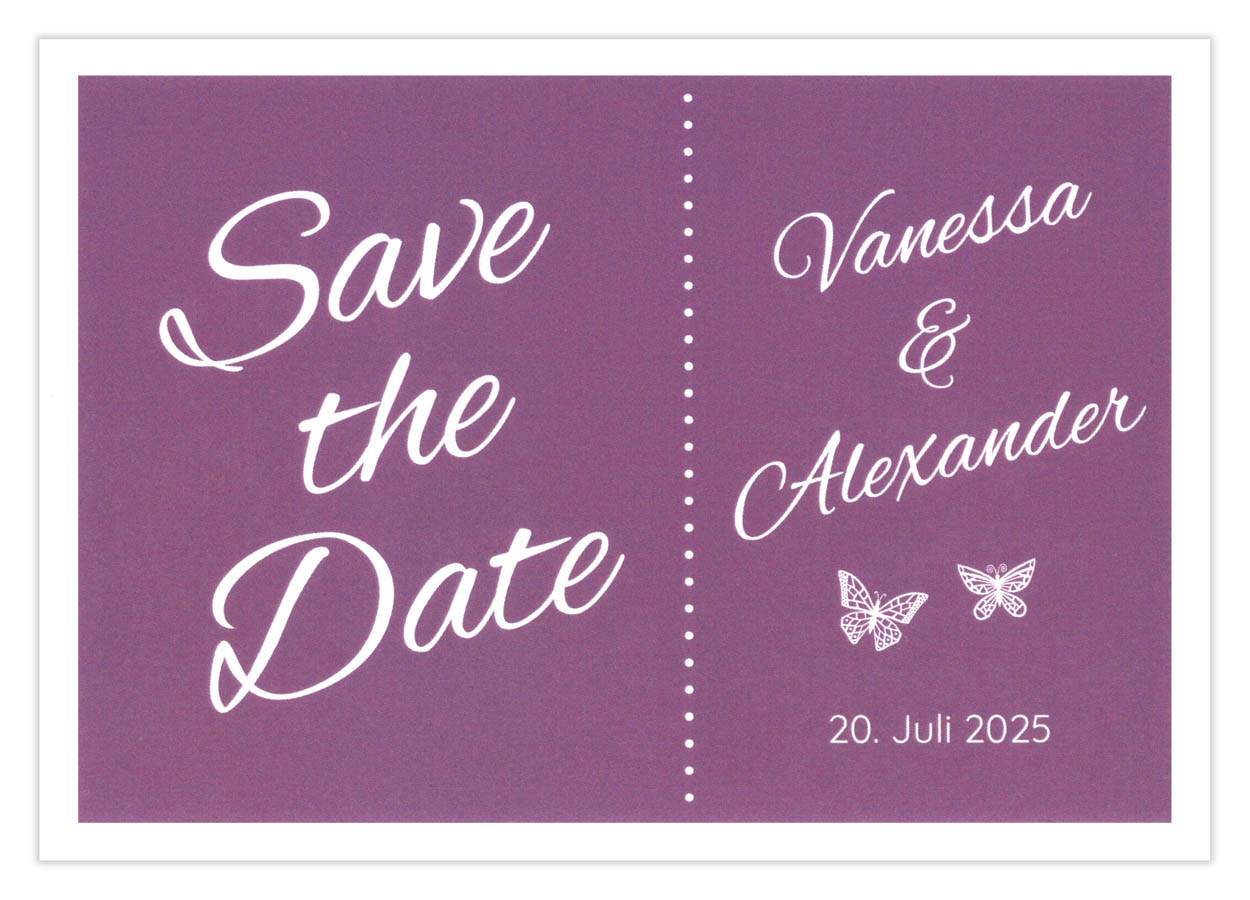 Save-the-Date-Karte für die Hochzeitsfeier, typographische Gestaltung in violett - flieder / weiß.