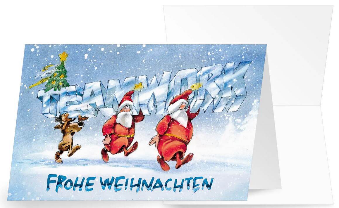 Fröhliche Team-Weihnachtskarte mit Weihnachtsgruß und lustiger Grafik als Klappkarte