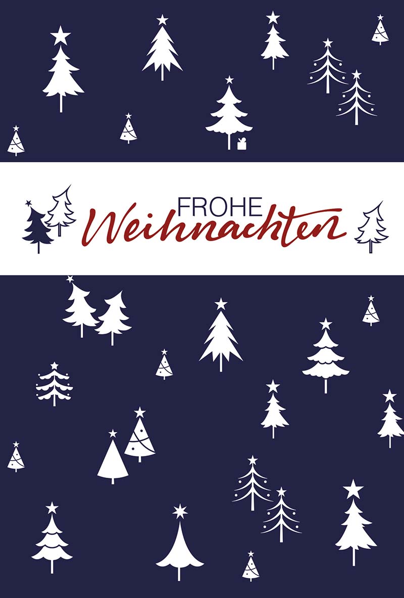 Dunkelblaue Weihnachtskarte mit weißen Tannenbäumchen und Gruß