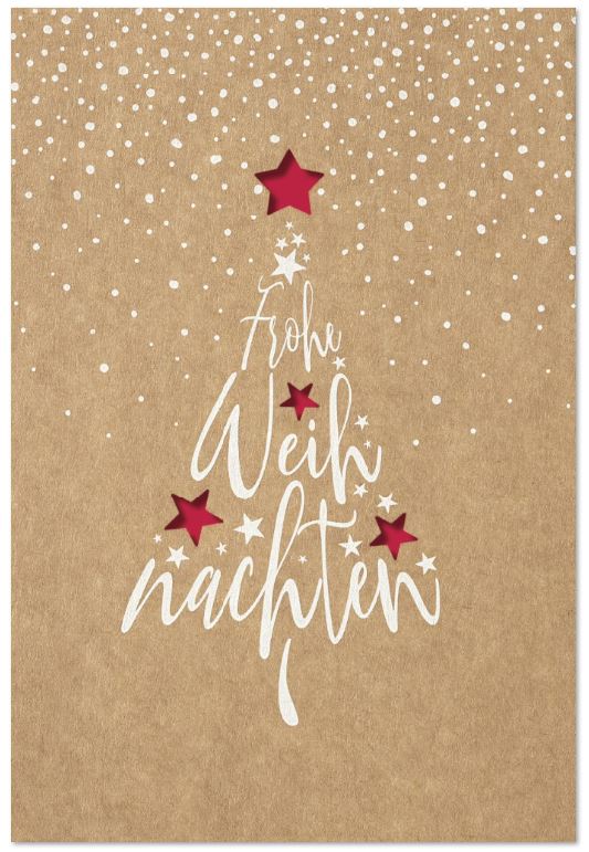 Laser-Weihnachtskarte mit Schneeflocken, Sternen und Gruß "Frohe Weihnachten", Einleger rot