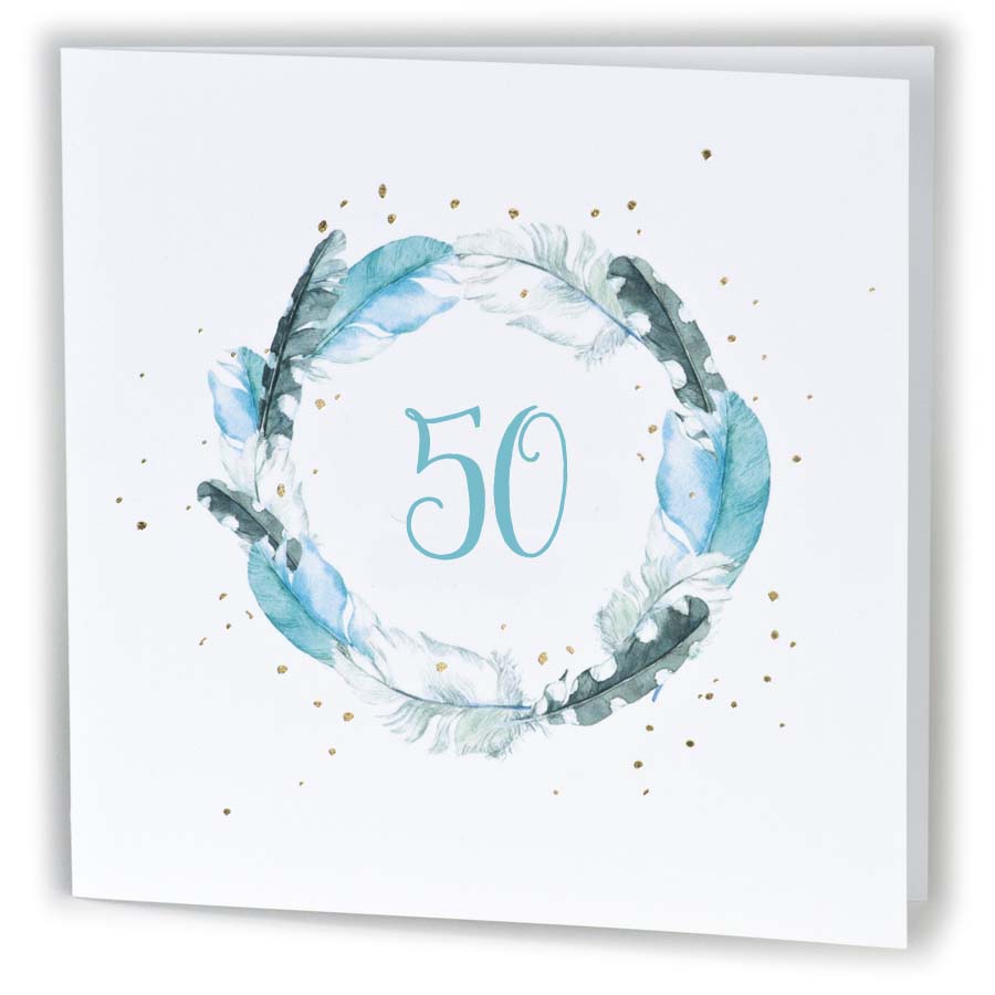 Einladungskarte mit Jahreszahl "50" für einen Geburtstag mit Federdruck im Aquarellstil