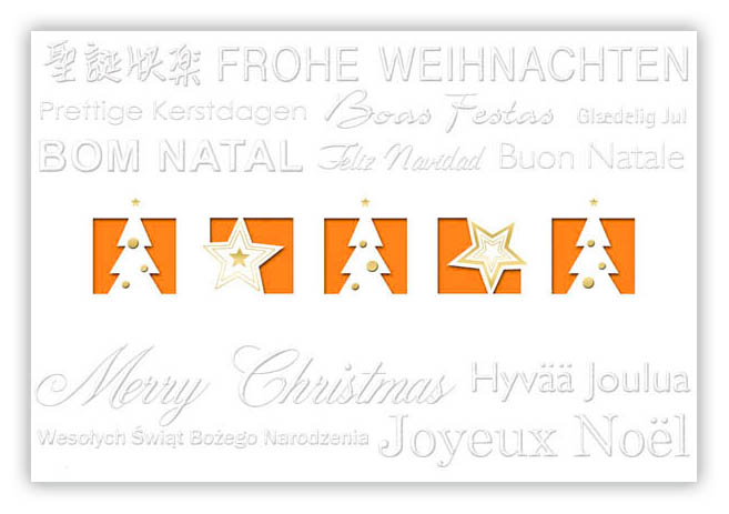 Internationale Weihnachtskarte in weiß mit orangefarbenem Falt-Einleger und Stanzung