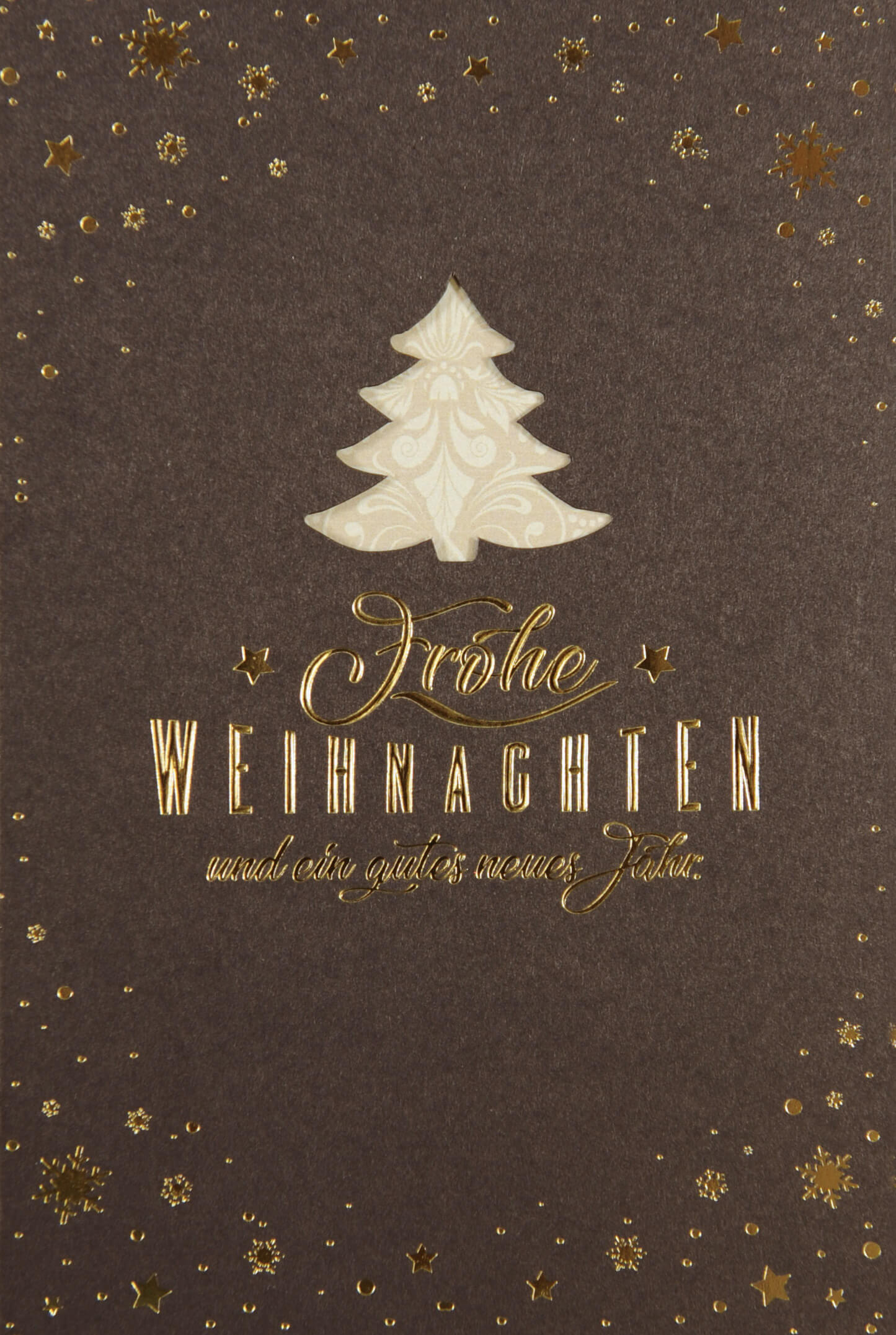 Dunkelbraune Weihnachtskarte mit edler Goldfolienprägung und cremeweißem Falteinleger innen