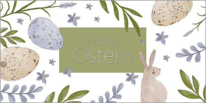 Fröhliche Ostergrußkarte "Frohe Ostern" mit putzigem Osterhase und Eiern, Format: DIN lang