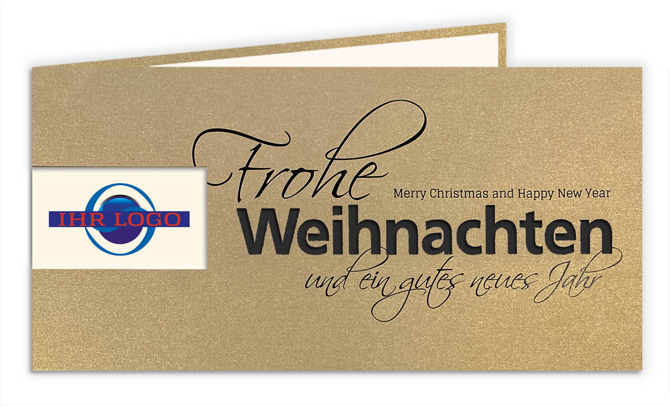 Goldene Weihnachtskarte mi Firmen-Logo Stanzung und cremefarbenem Einleger