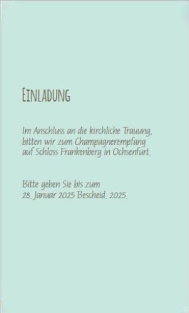 Mustertextvorschlag für die türkisfarbene Einsteckkarte mit weiteren Informationen zur Hochzeit