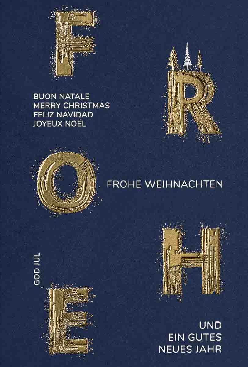 Internationale Weihnachtkarte in blau mit Goldprägung, kleinen Bäumchen und Einlegeblatt.