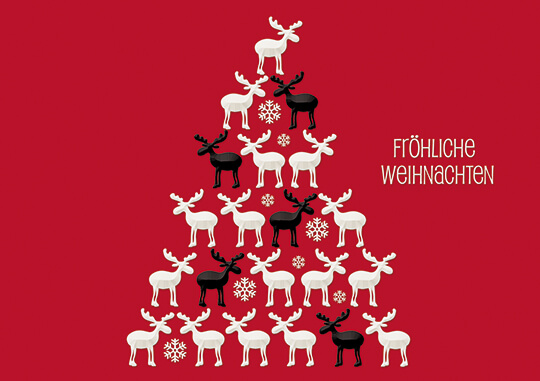 Fröhliche Weihnachtskarte in rot mit Rentierpyramide und Spende Deutsche Kinder-Krebs-Stiftung