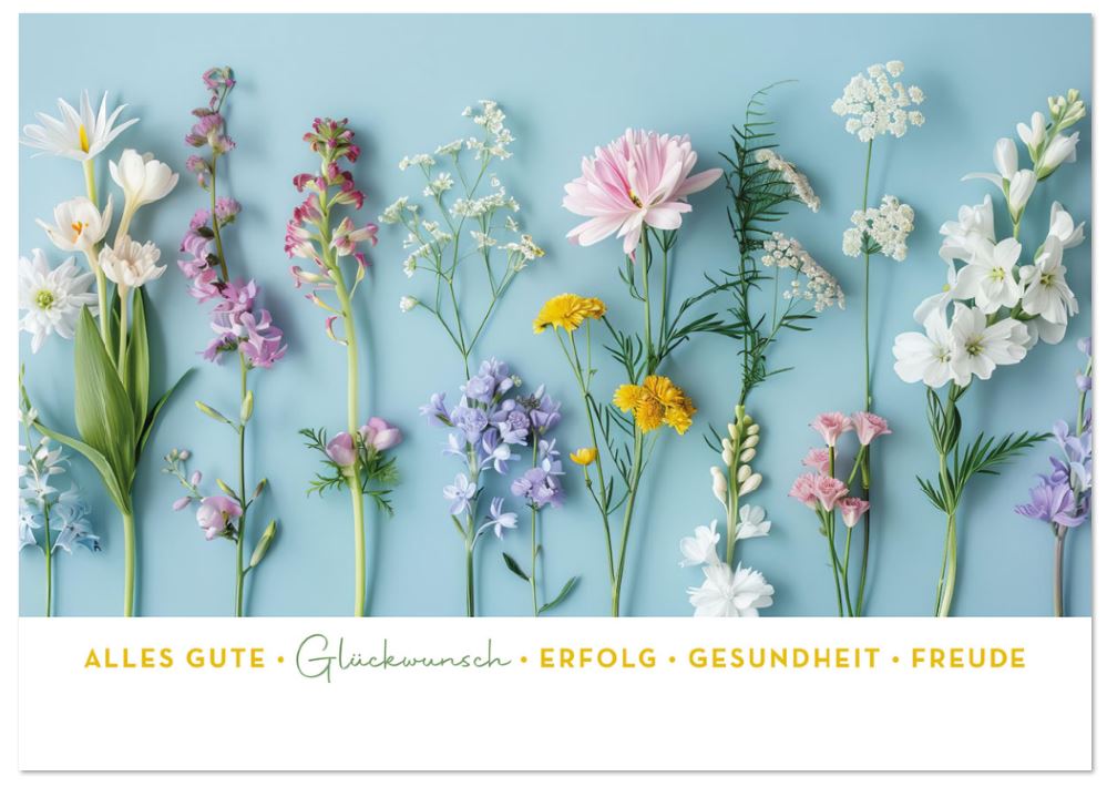 Firmenglückwunschkarte im floralen Design mit "Alles Gute - Glückwunsch - Erfolg - Gesundheit - Freude"