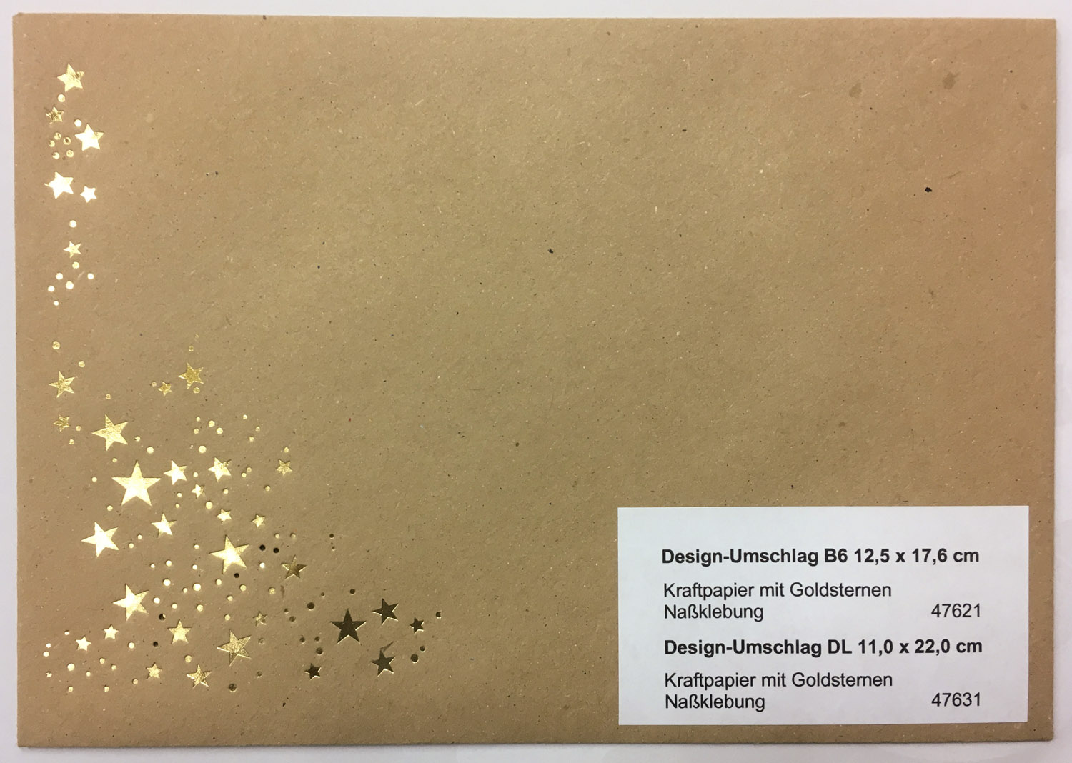 Design-Briefumschlag B6 17,6 x 12,5 cm Kraftpapier mit Goldsternen mit Nassklebung