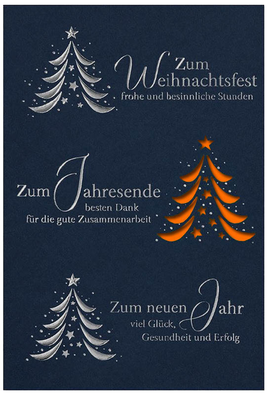 Firmen-Weihnachtskarte in blau mit Laserstanzung, Silberfoliendruck und Einleger in orange