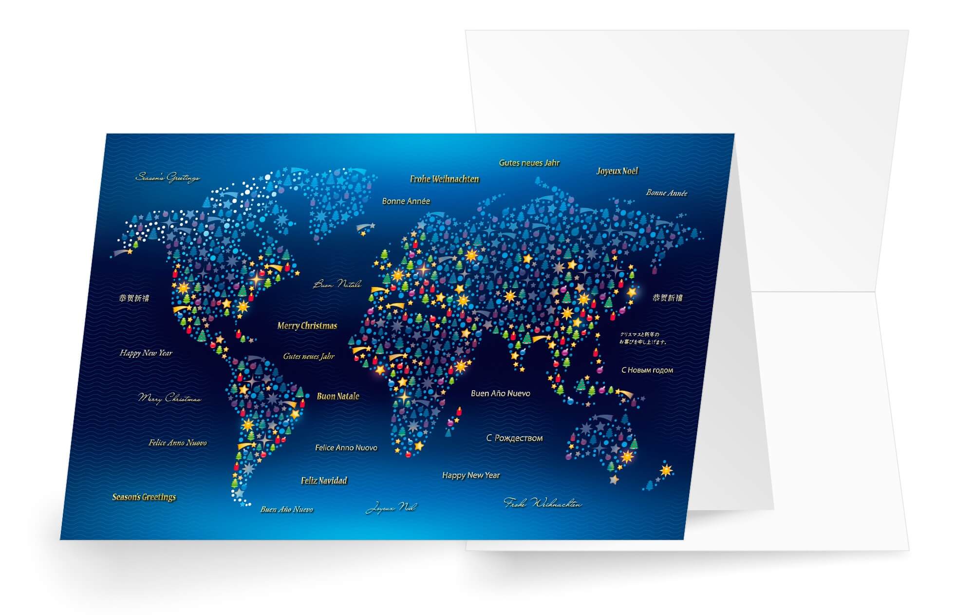 Internationale Weihnachtskarte mit Weihnachtsgrüßen in vielen Sprachen und Weltkarte