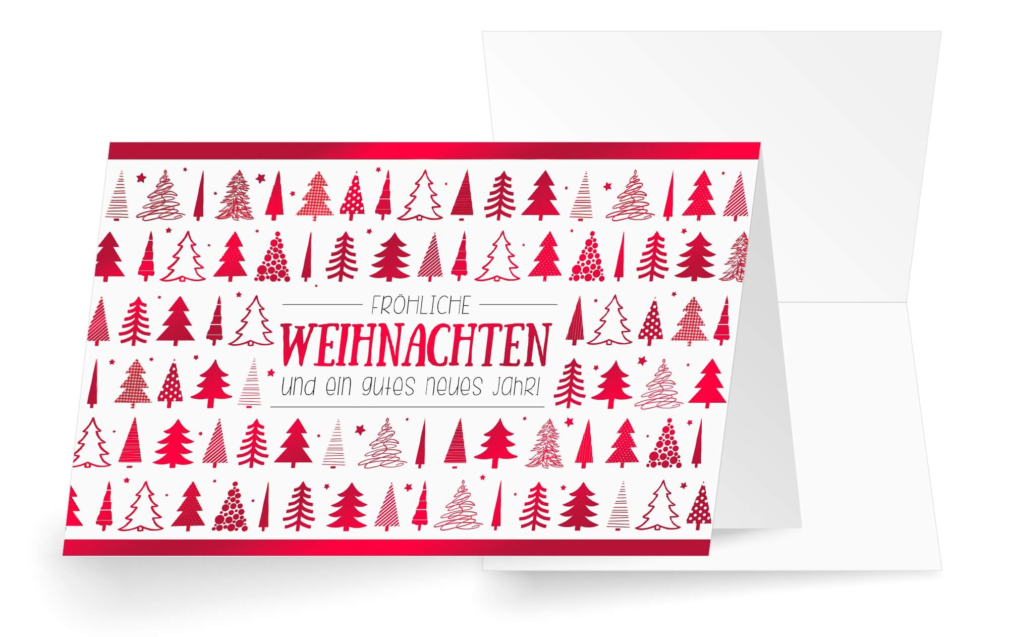 Weihnachtskarte mit roter Folienprägung von zahlreichen Weihnachtsbäumen und Weihnachtsgruß