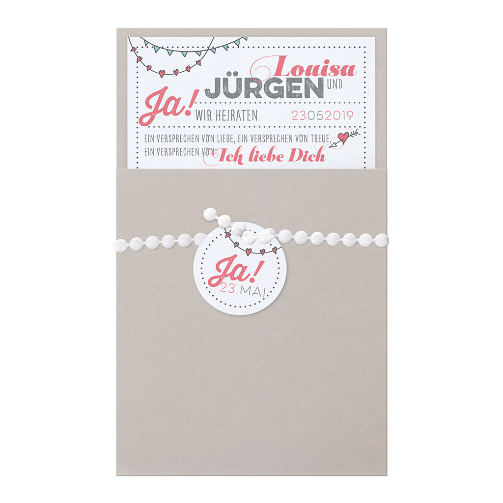 Hochzeitskarte in grau im modernen Stil mit Hochzeits-Icons und elegantem Band