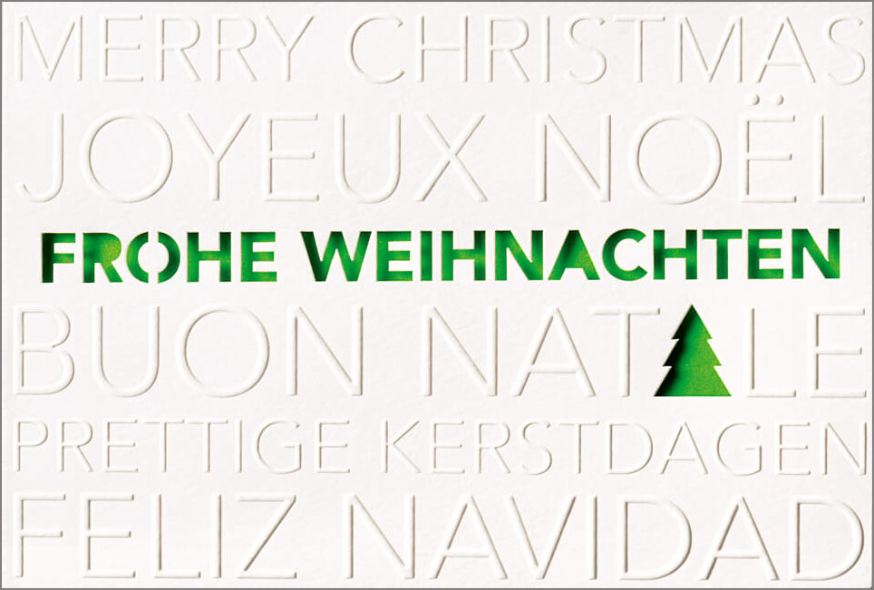 Weihnachtskarte creme / grün mit Reliefprägung und Konturstanzung Frohe Weihnachten