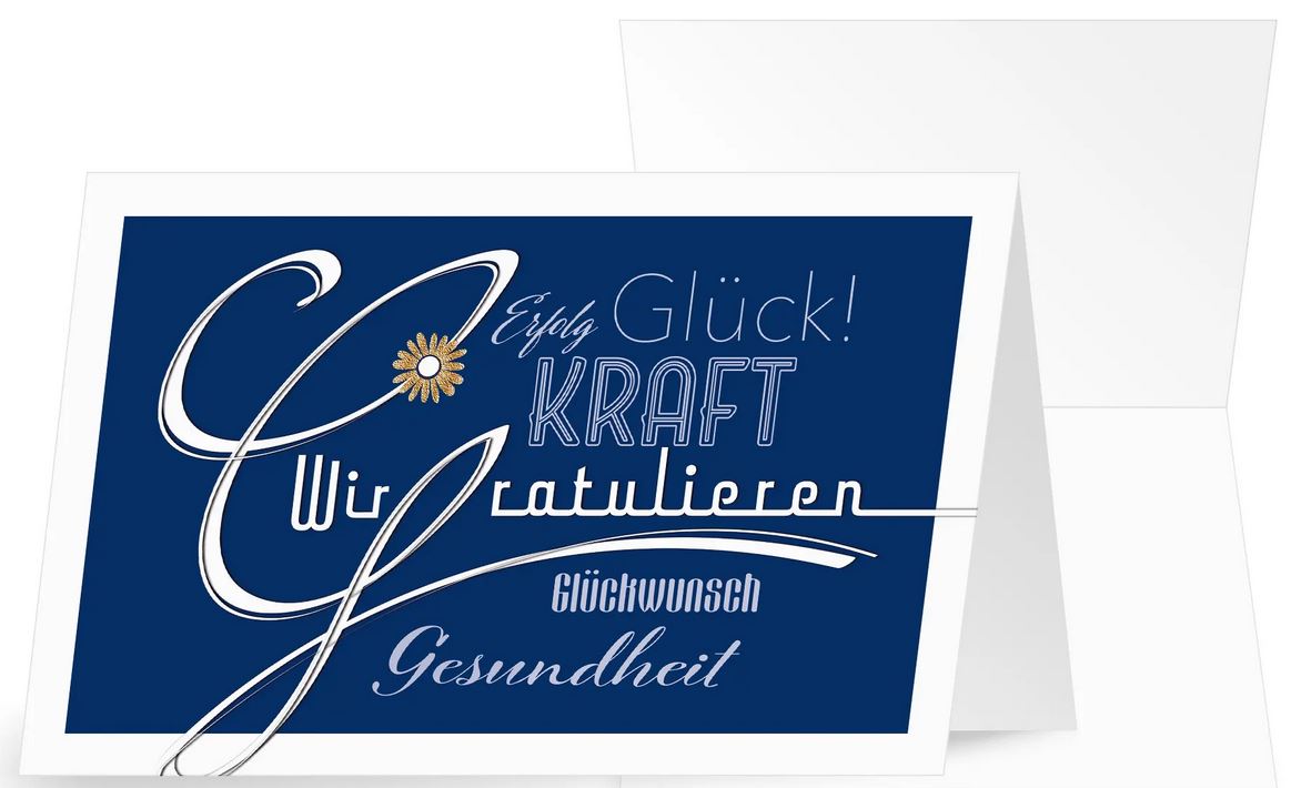 Firmenglückwunschkarte in blau mit positiven Schlagwörtern und "Wir gratulieren"