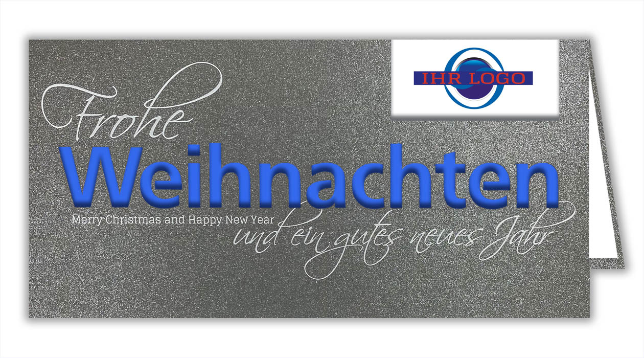 Anthrazitfarbene Weihnachtskarte mit blauem Schriftzug "Weihnachten" und Logofenster