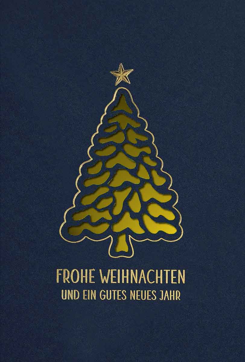 Blaue Weihnachtskarte mit goldenem Einlegeblatt, Stanzung und eldler Goldfolienprägung