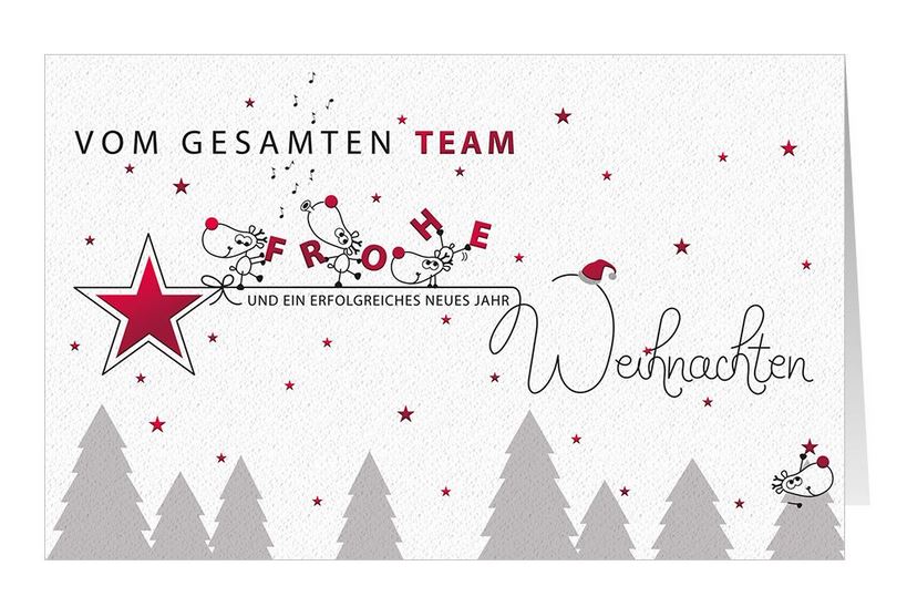 Lustige Firmenweihnachtskarte mit roter Folienprägung und Grüßen vom gesamten Team