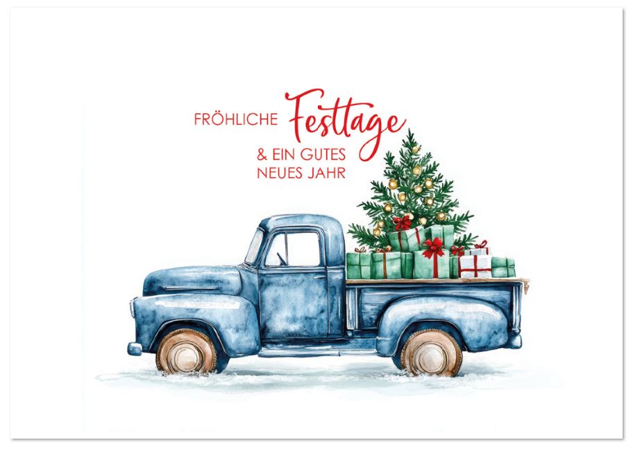 Nostalgie-Weihnachtskarte mit blauem Pickup, Geschenken und Weihnachtsbaum sowie weihnachtlichem Gruß
