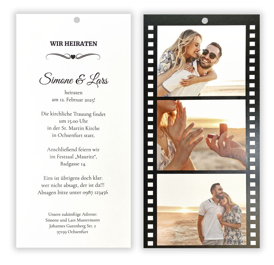 Foto-Filmstreifen Einladungskarte zur Hochzeit mit Text und Fotos individuell selbst gestalten