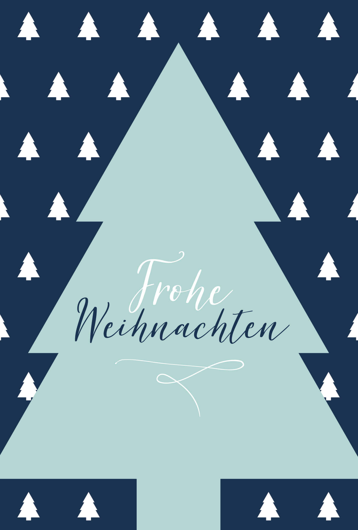 Blaue Weihnachtskarte mit türkisfarbenem Weihnachtsbaum und Gruß "Frohe Weihnachten"