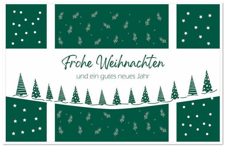 Dunkelgrüne Weihnachtskarte im winterlich-weihnachtlichen Design mit Weihnachts- und Neujahrsgruß