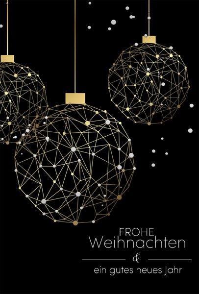 Moderne Weihnachtskarte in schwarz mit Weihnachtskugeln und "Frohe Weihnachten & ein gutes neues Jahr"