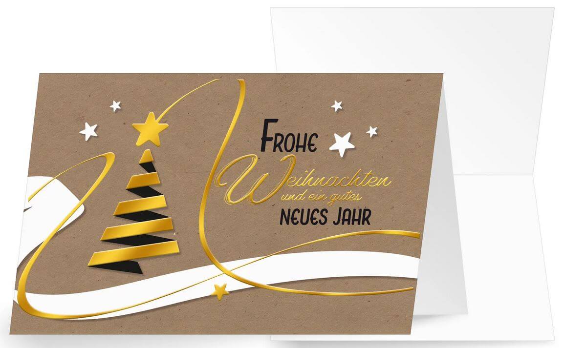 Braune Weihnachtskarte mit Baum und Weihnachtsgruß in eleganter Goldfolienprägung