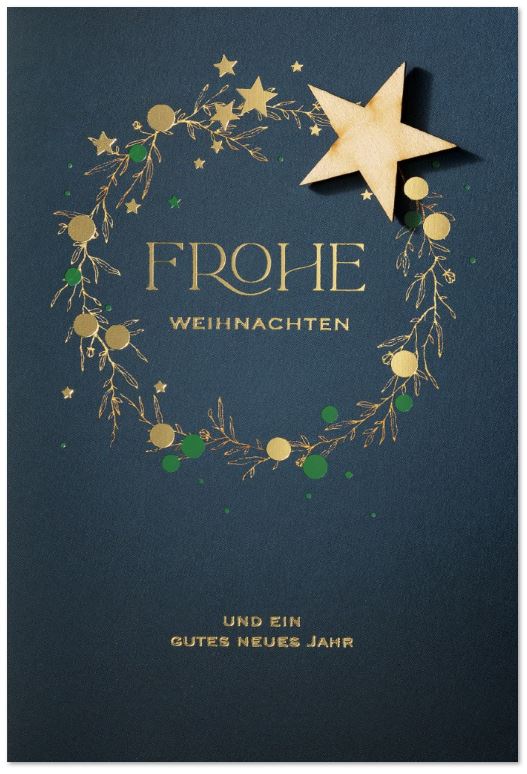 Weihnachtliche Grußkarte mit Goldfolienprägung, floralem Kranz und Stern aus echtem Holz