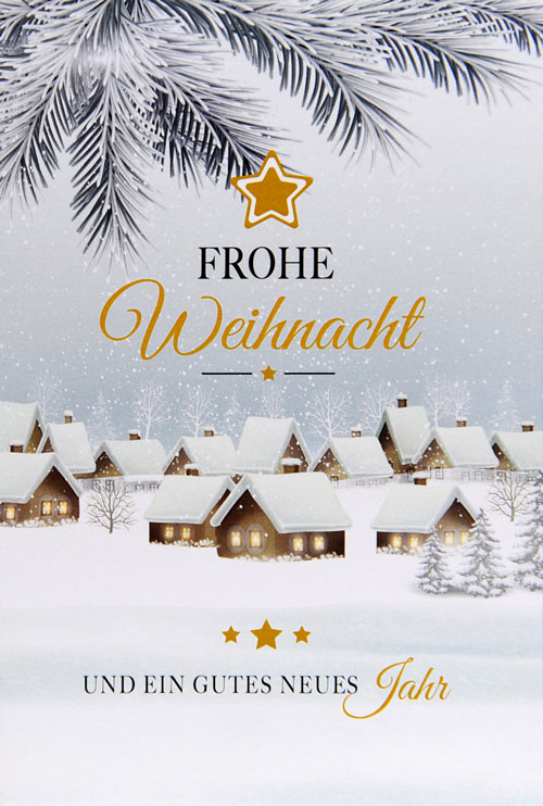 Weihnachtskarte mit Dorf in verschneiter Winterlandschaft