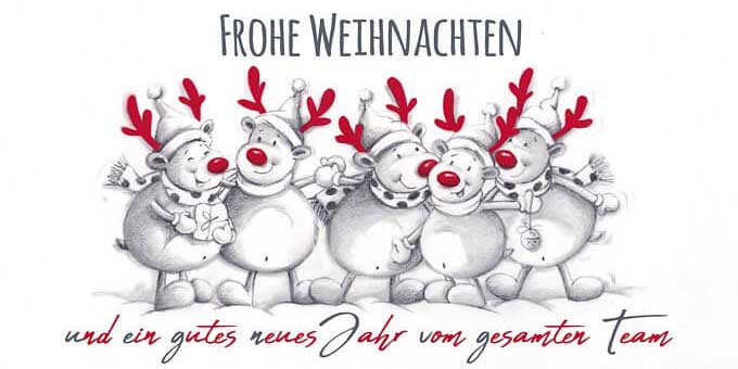 Lustige Firmenweihnachtskarte mit Teamgrüßen rot-weiß im DIN lang Format