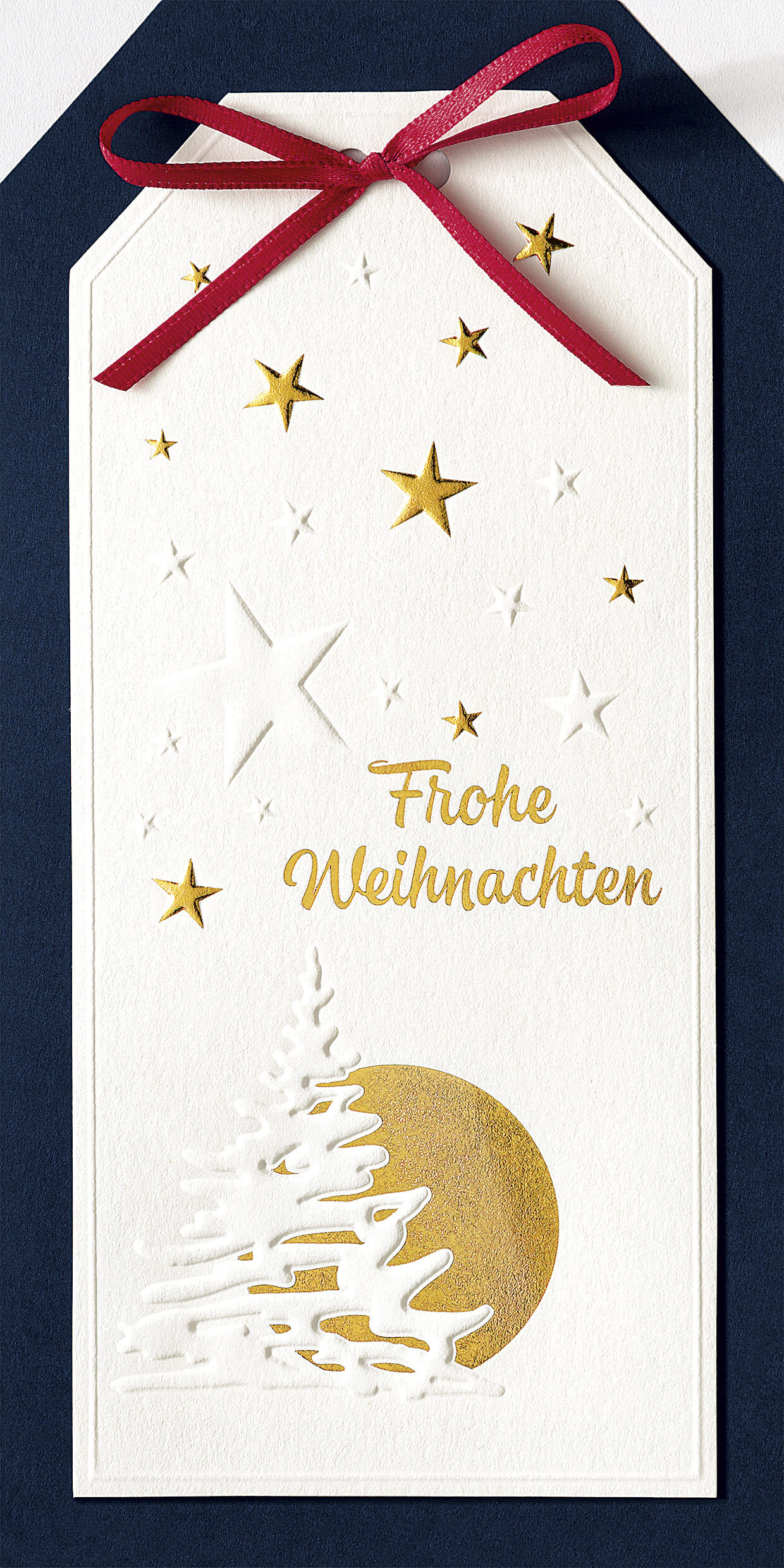 Weihnachtskarte als Fächerkarte mit Sternen, Tannenbaum und goldenem Mond sowie rotem Band