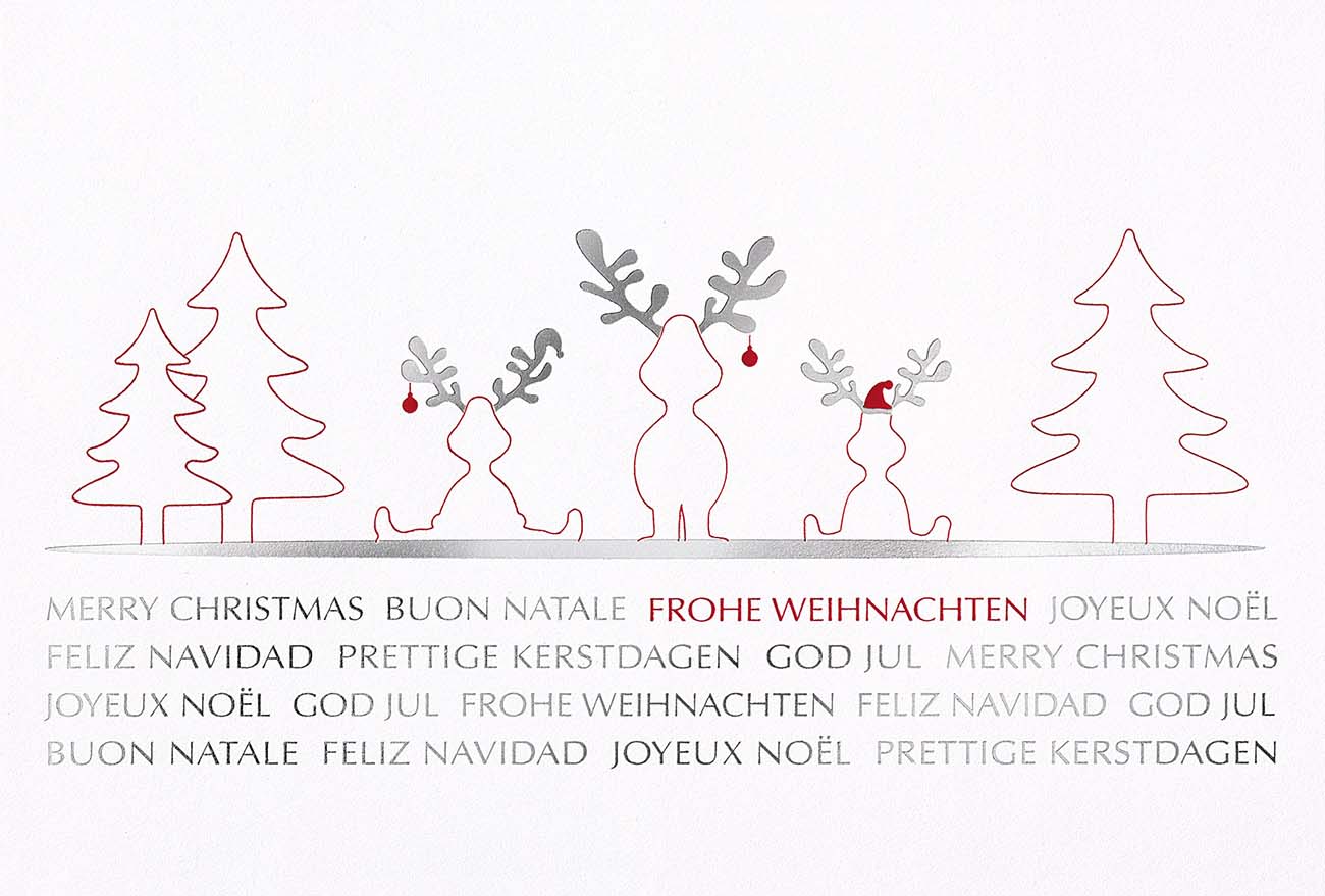 Internationale, humorvolle Weihnachtskarte mit Rentieren, Tannenbäumen und Weihnachtsgruß