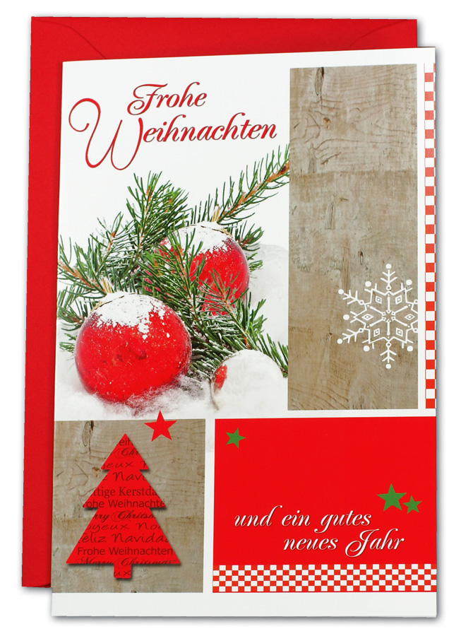 Klassische Weihnachtskarte in rot und grün mit Weihnachtsgruß und weihnachtlicher Dekoration