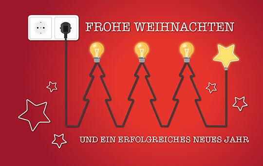 Firmenweihnachtskarte passend für Elektriker und Stromanbieter mit Kabel, Glühbirne und Steckdose