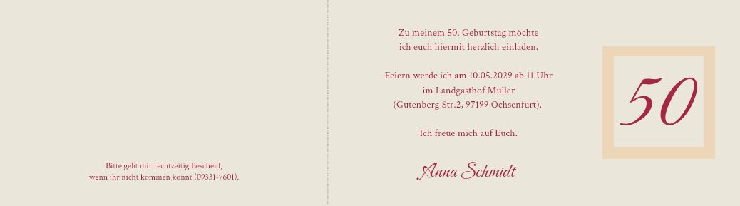 Dunkelrote Einladungskarte zum 50. Geburtstag mit Relief und Blumenornament, DIN lang