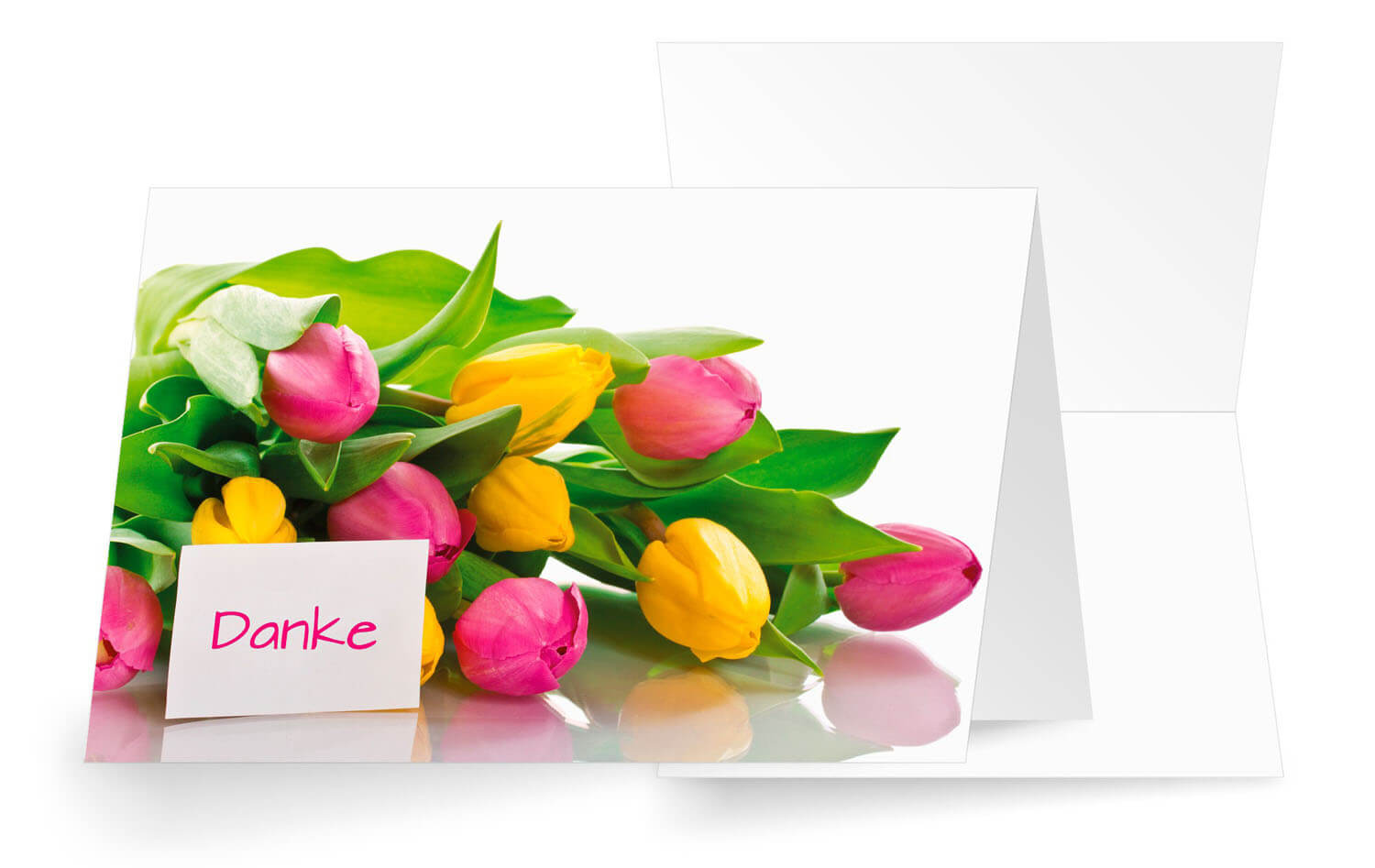 Danksagungskarte mit buntem Tulpenstrauß und Schriftzug Danke