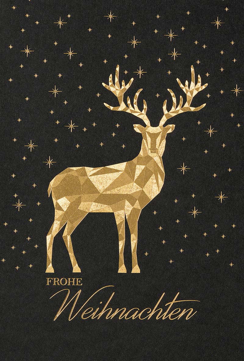 Moderne Weihnachtskarte in schwarz mit goldenem Hirsch und Weihnachtsgruß, inkl. Einleger