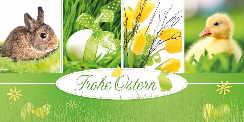 Tierische Ostergrußkarte mit kleinem Häschen, Küken einem gelbem Tulpenstrauß und Ei